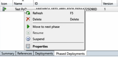 Menu contextuel montrant les actions sur un déploiement par phases.