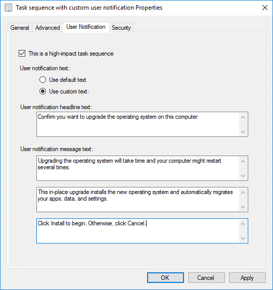 Onglet Notification utilisateur personnalisée des propriétés de séquence de tâches.