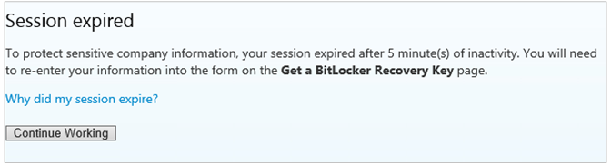 Page d’expiration de la session du portail libre-service BitLocker