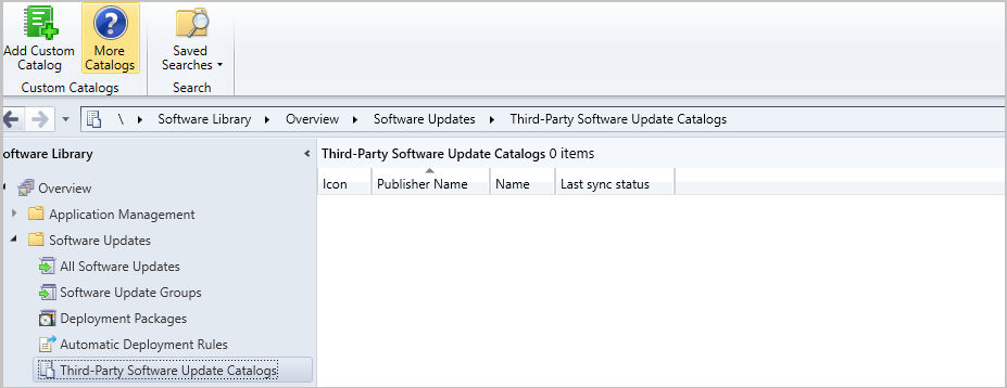 Capture d’écran du nœud Catalogues de mises à jour logicielles tiers avec l’icône Autres catalogues dans le ruban
