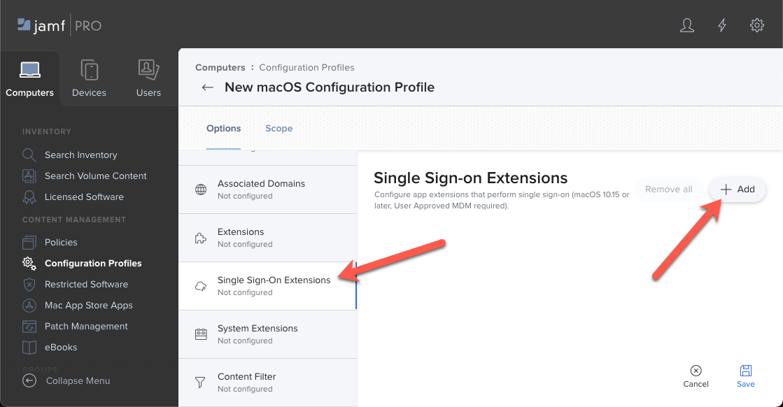 Capture d’écran montrant le portail Jamf Pro. Sélectionnez l’option d’authentification unique des profils de configuration, puis sélectionnez Ajouter pour les appareils macOS.