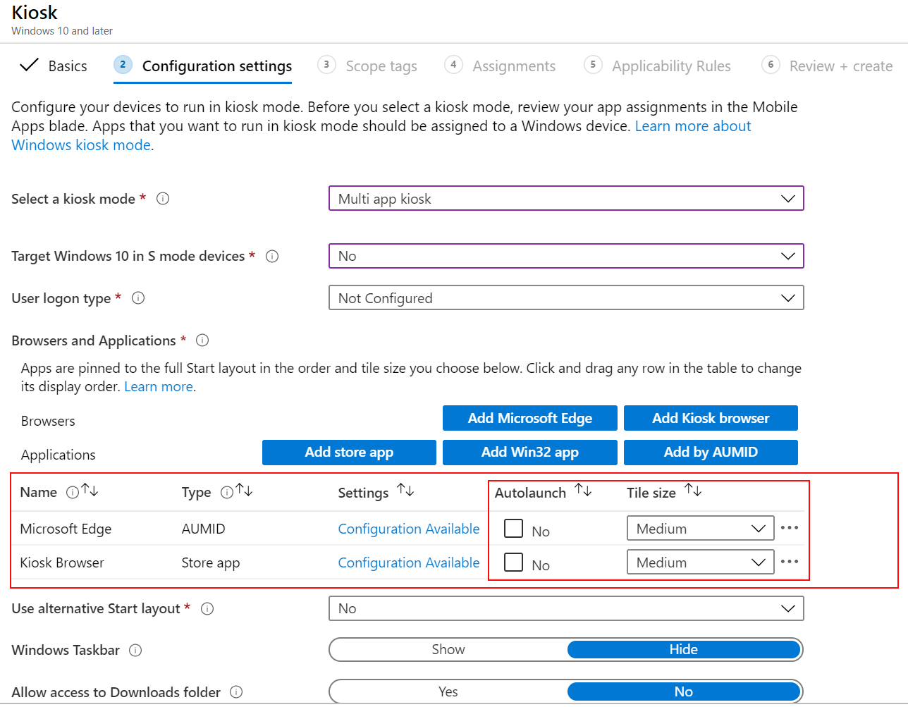 Lancez automatiquement l’application ou le navigateur, puis sélectionnez la taille de vignette dans un profil kiosque multi-applications dans Microsoft Intune.