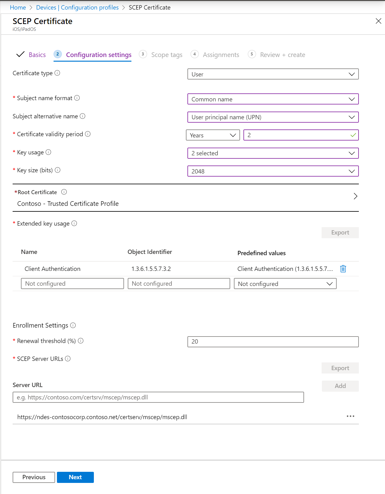 Créez un profil de certificat SCEP dans Microsoft Intune et Intune centre d’administration. Incluez le format du nom de l’objet, l’utilisation de la clé, l’utilisation étendue des clés, etc.