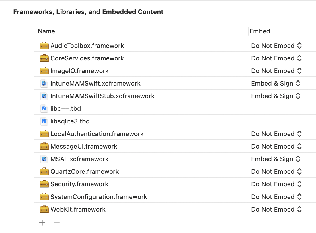 Intune App SDK iOS Framework : Exemples de frameworks, bibliothèques et contenu incorporé Xcode