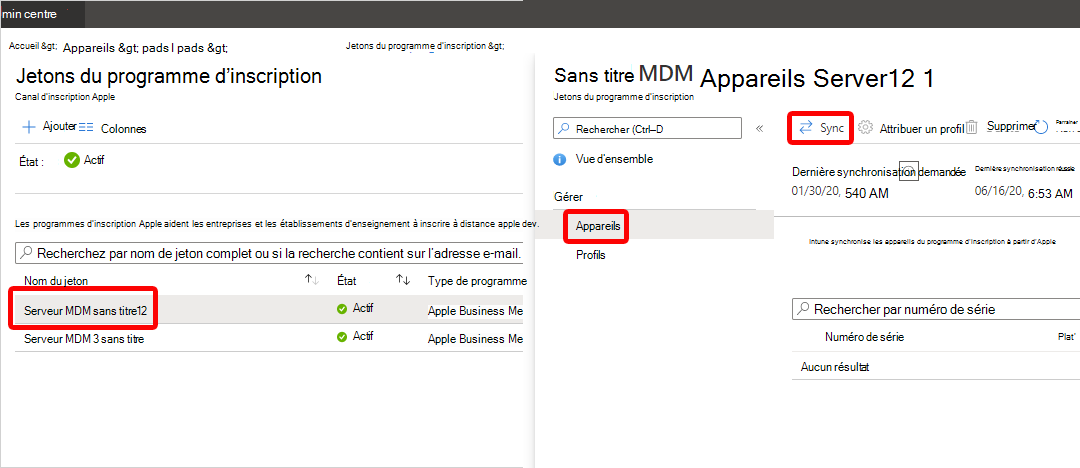 Capture d’écran du nœud Appareils du programme d’inscription et du lien Synchronisation.