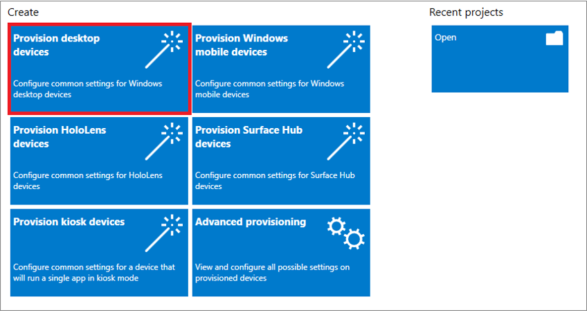 Capture d’écran de la sélection de l’approvisionnement d’appareils de bureau dans l’application Concepteur de configuration Windows