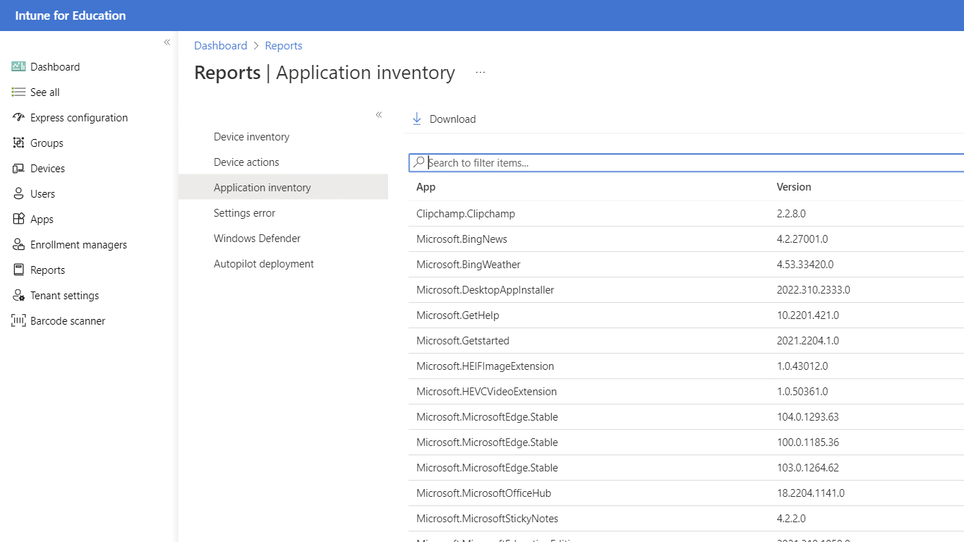 Options de création de rapports disponibles dans Intune éducation lors de la sélection du panneau rapports