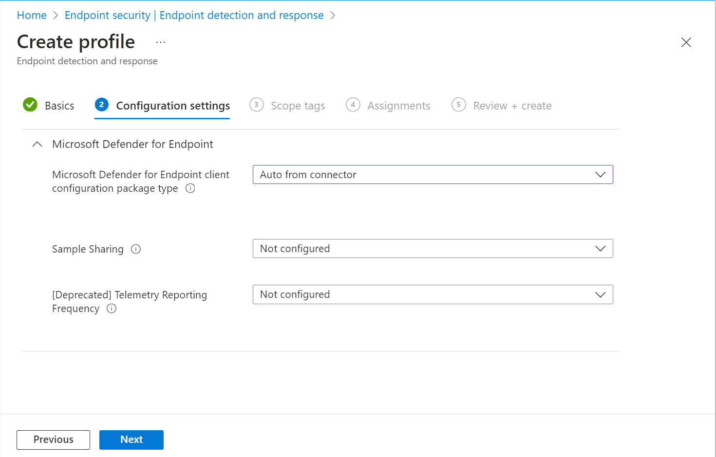 Capture d’écran des options de configuration pour Détection de point de terminaison et réponse.