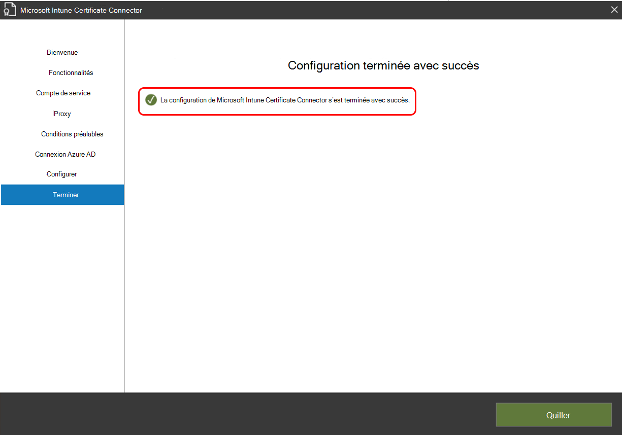 Configuration réussie du connecteur de certificat