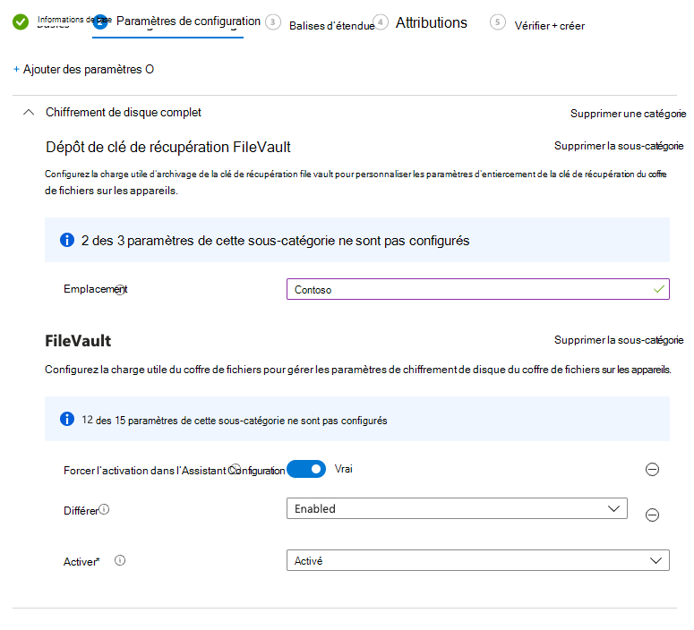 Capture d’écran des paramètres nécessaires à l’activation du coffre de fichiers dans l’Assistant Installation.