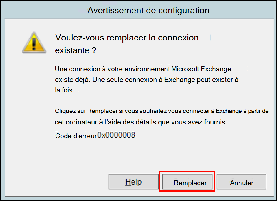 Avertissement de configuration pour remplacer un connecteur