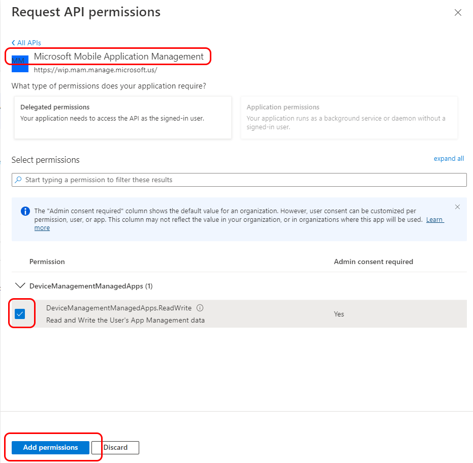 Configurez les autorisations d’API pour La gestion des applications mobiles Microsoft.