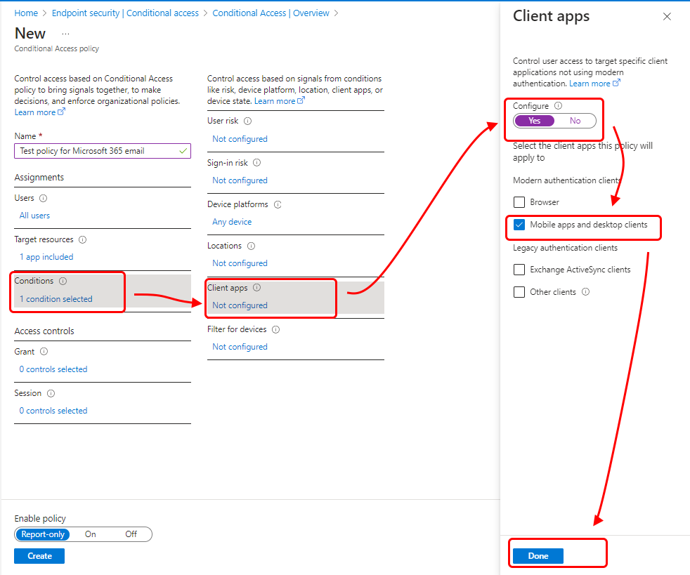 Sélectionnez les applications et les clients comme conditions pour la stratégie.