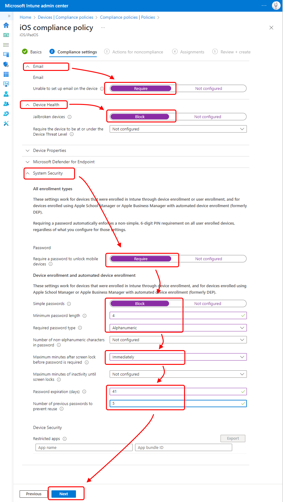 Configuration de la stratégie de conformité iOS.