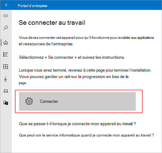 Exemple d’image de Portail d'entreprise’écran > Se connecter au travail mettant en évidence le bouton Se connecter.