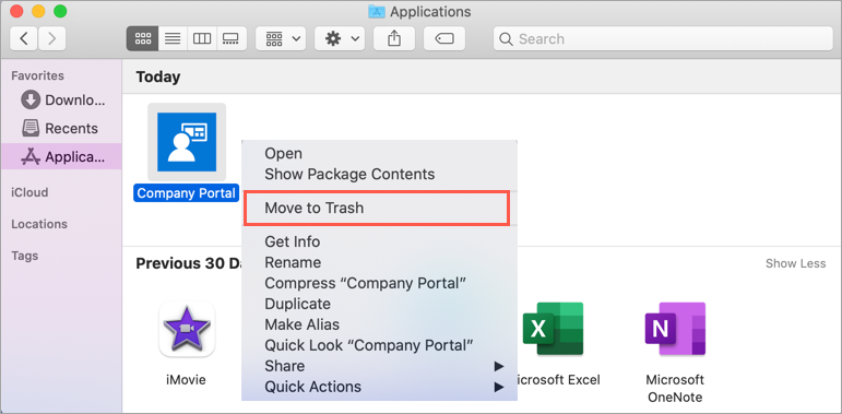 Exemple de capture d’écran de macOS Finder, dossier Applications, application Portail d’entreprise, mettant en surbrillance l’option « Déplacer vers la Corbeille » dans le menu de l’application.