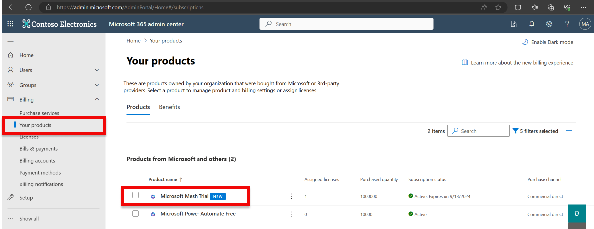 Capture d’écran du produit d’évaluation microsoft Mesh dans le Centre d’administration.