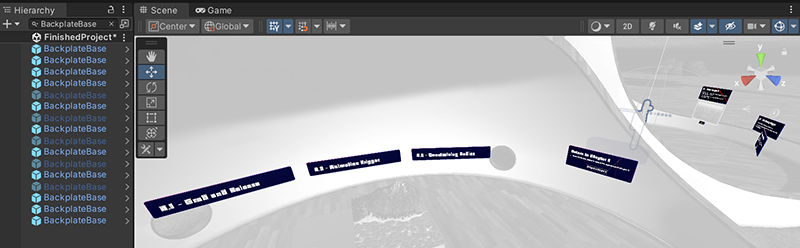 Capture d’écran des nombreuses instances du prefab BackplateBase dans le didacticiel Mesh 101.