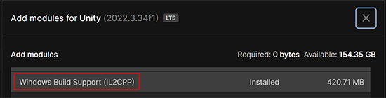 Capture d’écran du module IL2CPP dans la fenêtre Ajouter des modules.