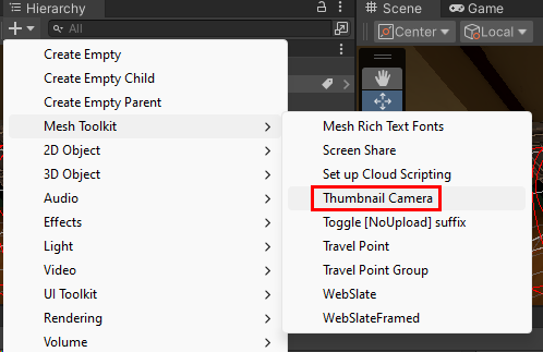 Capture d’écran de la fenêtre contextuelle du menu hiérarchie Unity montrant l’option permettant d’ajouter une caméra miniature
