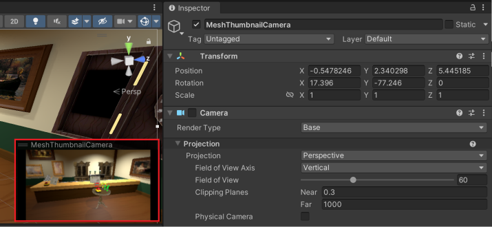 Capture d’écran de l’inspecteur Unity et de la vue scène mettant en évidence l’affichage de la caméra miniature