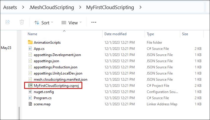 Capture d’écran d’une structure de dossiers dans Windows montrant le projet de script.