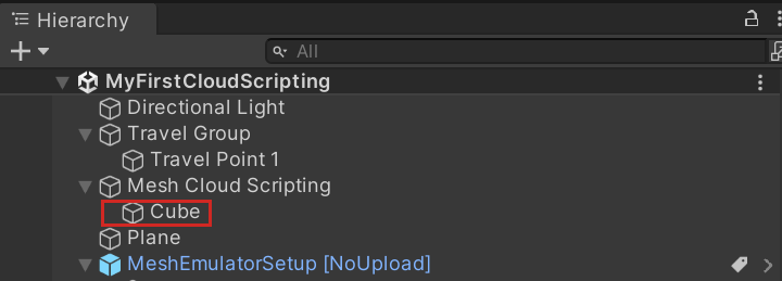 Capture d’écran du cube placé en tant qu’enfant pour mesh Cloud Scripting.