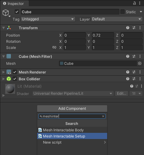 Capture d’écran de la barre de recherche Ajouter un composant avec le programme d’installation de Mesh Interactables sélectionné.