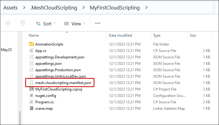 Capture d’écran de l’Explorateur Windows avec le fichier json du manifeste cloudscripting maillage mis en surbrillance.