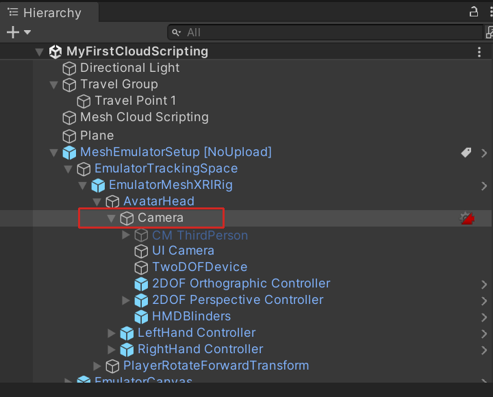 Capture d’écran du cube placé en tant qu’enfant pour mesh Cloud Scripting.