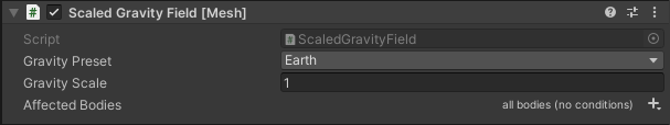 Capture d’écran des options de script Antigravity Field dans l’inspecteur.