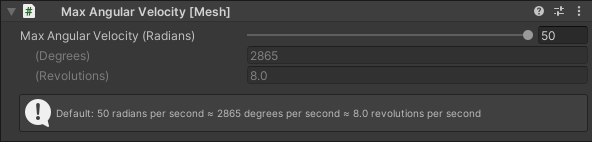 Capture d’écran des options de script Max Angular Velocity dans l’inspecteur.