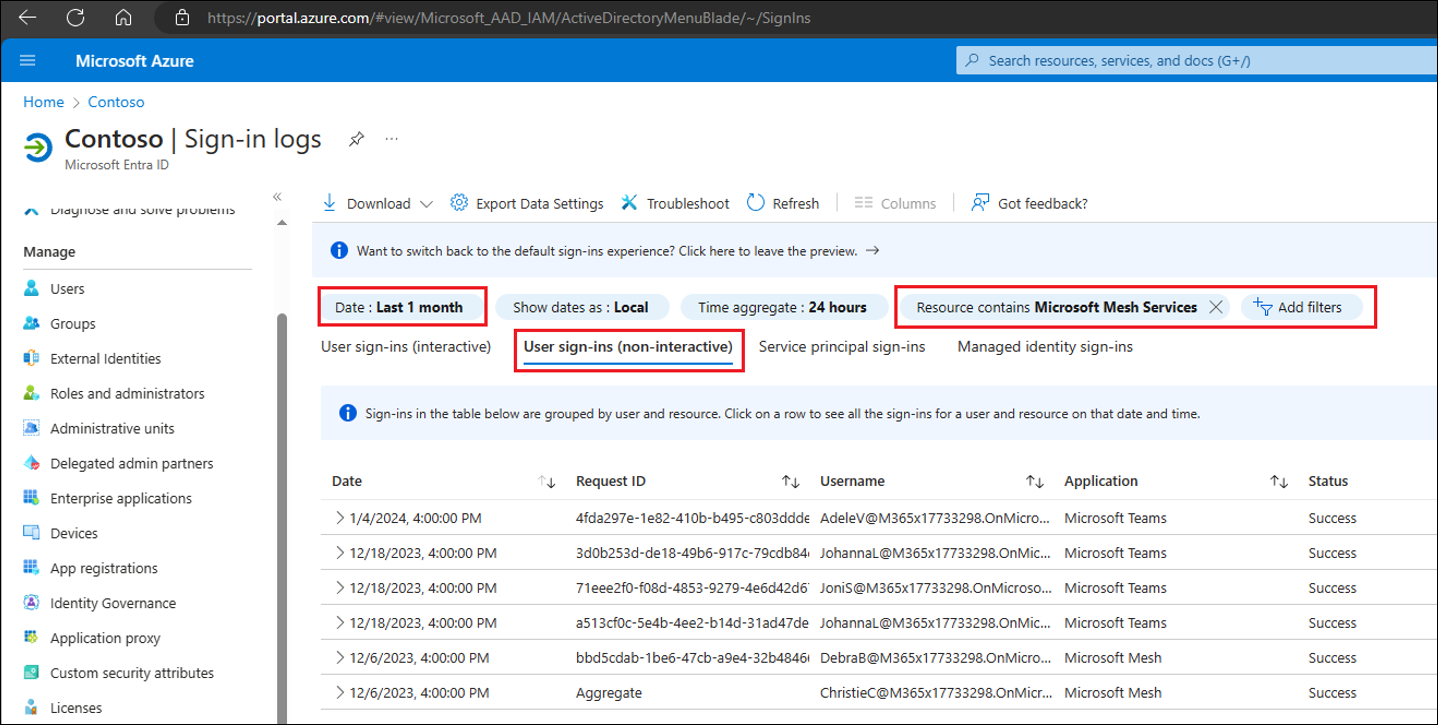 Capture d’écran de la page des connexions utilisateur dans Portail Azure montrant la date des filtres, les connexions utilisateur non interactives, le service mesh mis en surbrillance.