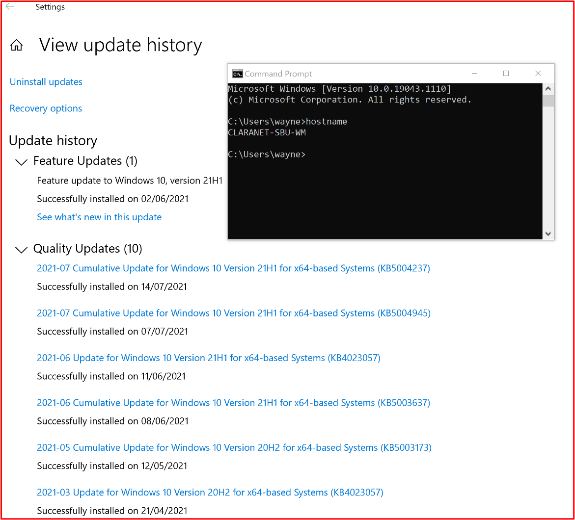 Capture d’écran montrant que le composant système dans l’étendue « CLARANET-SBU-WM » effectue des mises à jour Windows conformément à la stratégie de mise à jour corrective.