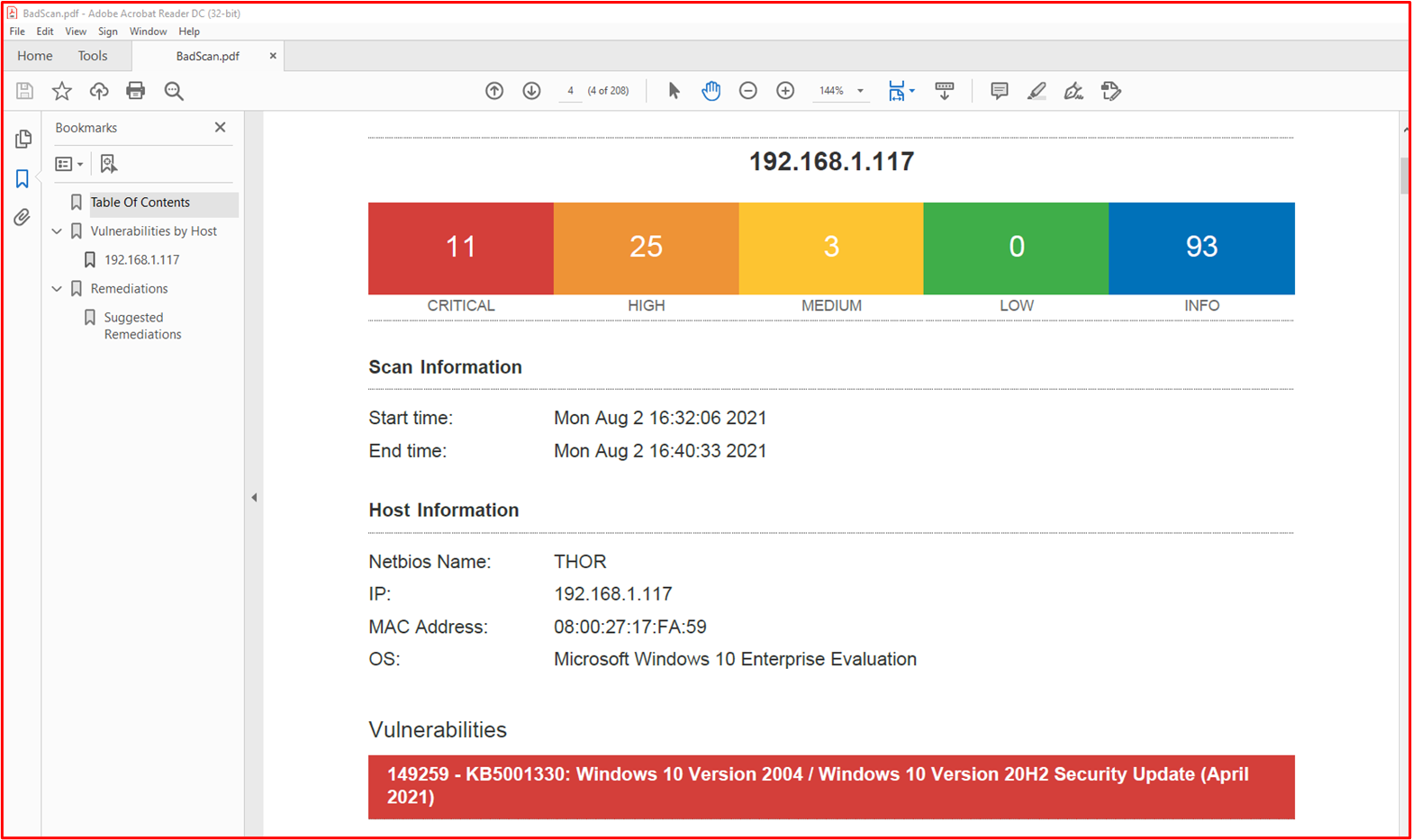 Capture d’écran montrant une analyse Nessus de l’environnement dans l’étendue (une seule machine dans cet exemple nommée « THOR ») montrant des vulnérabilités le 2 août 2021.