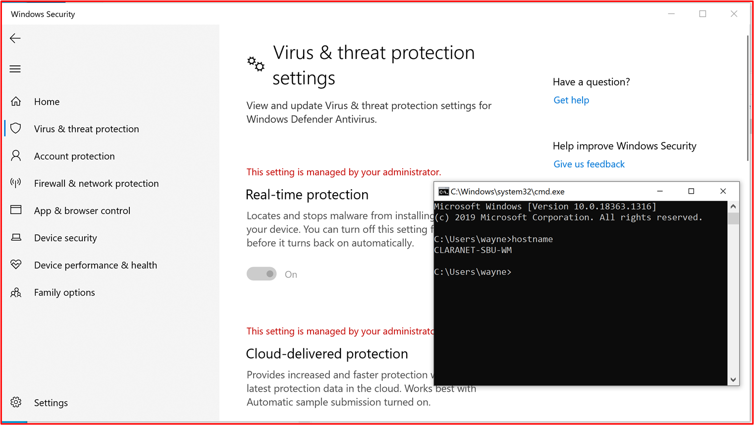 Capture d’écran des appareils Windows 10, montrant que « Protection en temps réel » est activée