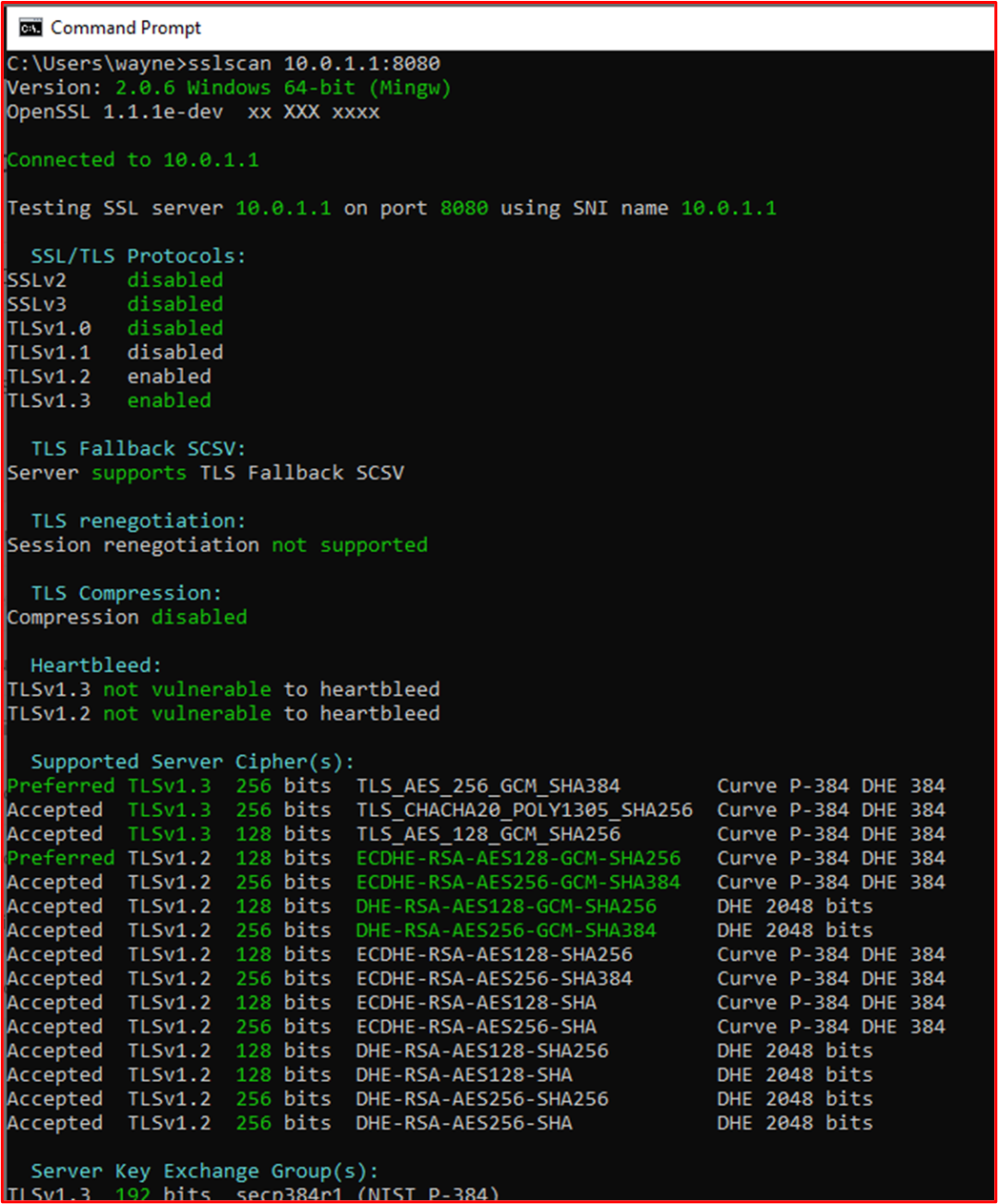 Capture d’écran montrant la sortie de SSLScan sur l’interface d’administration web du pare-feu WatchGuard sur le port TCP 8080.