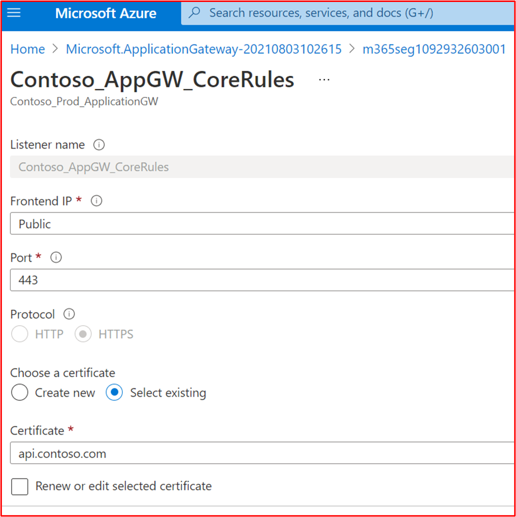 capture d’écran montrant le Contoso_AppGW_CoreRules montrant qu’il s’agit du service api.contoso.com