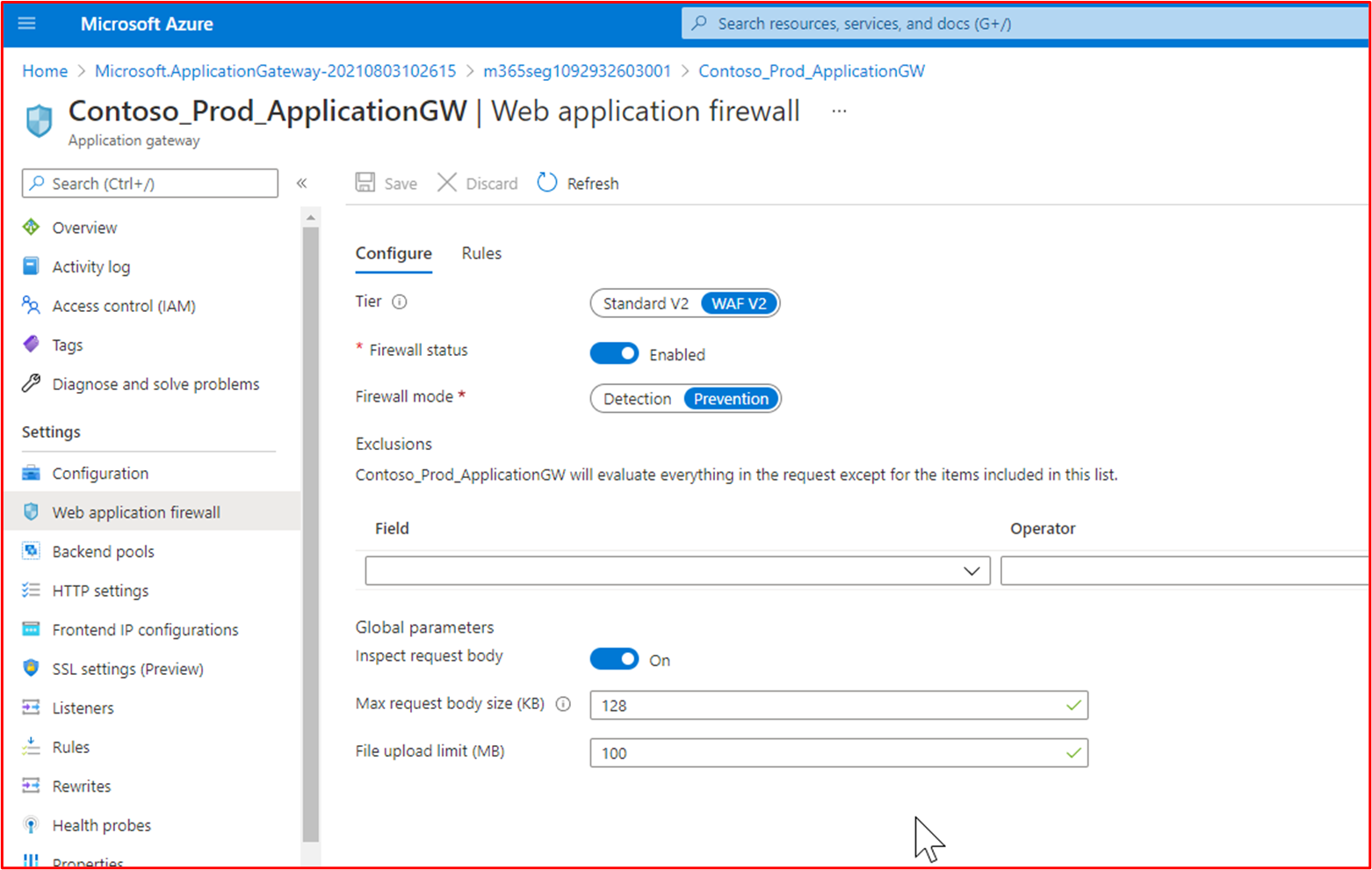 captures d’écran montrant que la stratégie WAF Azure Application Gateway de production de Contoso est activée et qu’elle est configurée pour le mode « Prévention »