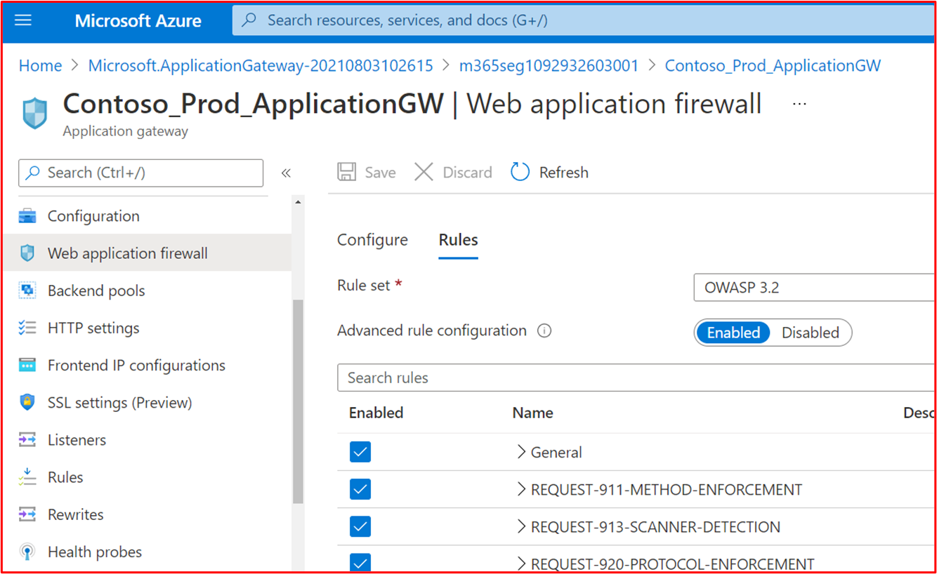 capture d’écran montrant que la stratégie WAF Azure Application Gateway de production contoso est configurée pour analyser l’ensemble de règles OWASP Core Rule Set version 3.2.