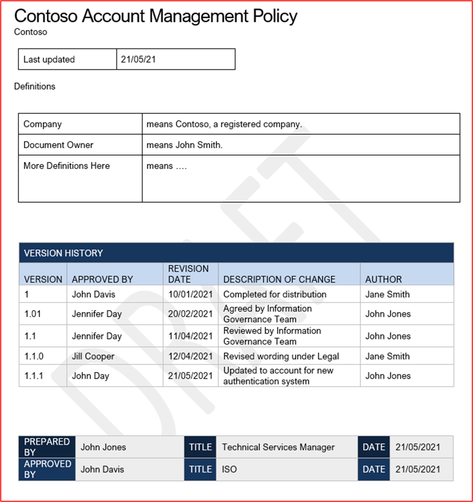 capture d’écran montrant un exemple de stratégie de gestion de compte pour Contoso.