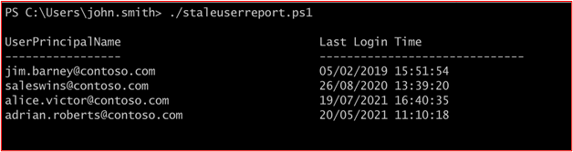 Capture d’écran montrant la sortie du script qui est exécuté tous les trimestres pour afficher le dernier attribut d’ouverture de session des utilisateurs dans l’ID Microsoft Entra.