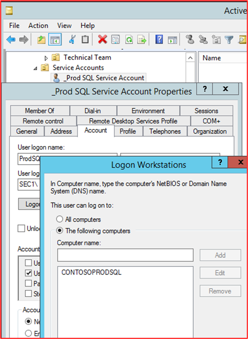 Capture d’écran montrant que le compte de service « _Prod compte de service SQL » est verrouillé sur SQL Server et ne peut se connecter qu’à ce serveur.