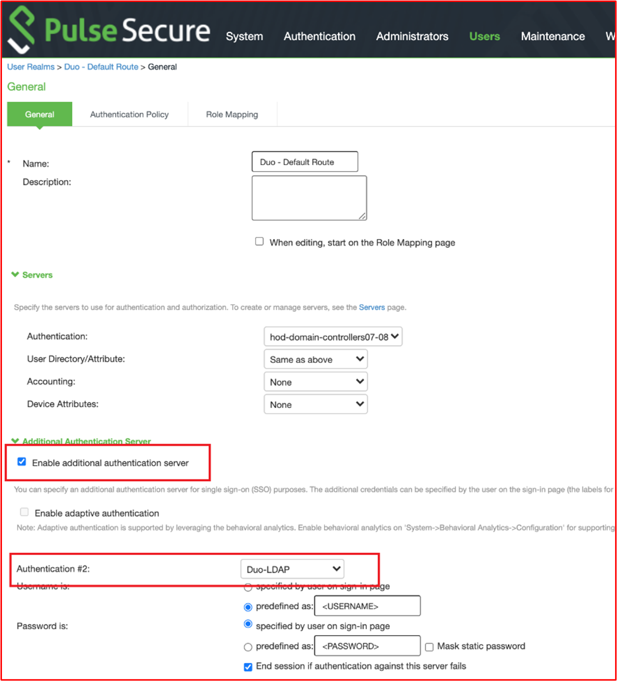 Capture d’écran montrant qu’un serveur d’authentification supplémentaire est activé et pointe vers « Duo-LDAP » pour le domaine d’authentification « Duo - Route par défaut ».