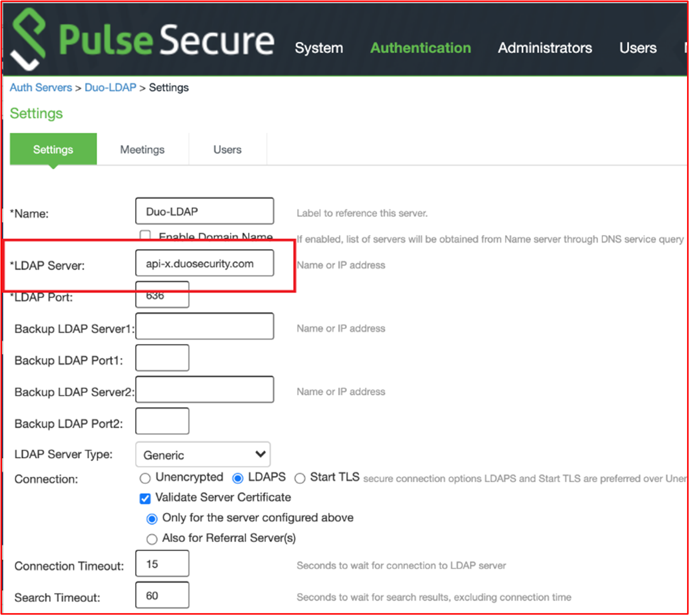 Capture d’écran montrant la configuration du serveur d’authentification Duo-LDAP, qui montre que cela pointe vers le service SaaS Duo pour l’authentification multifacteur.