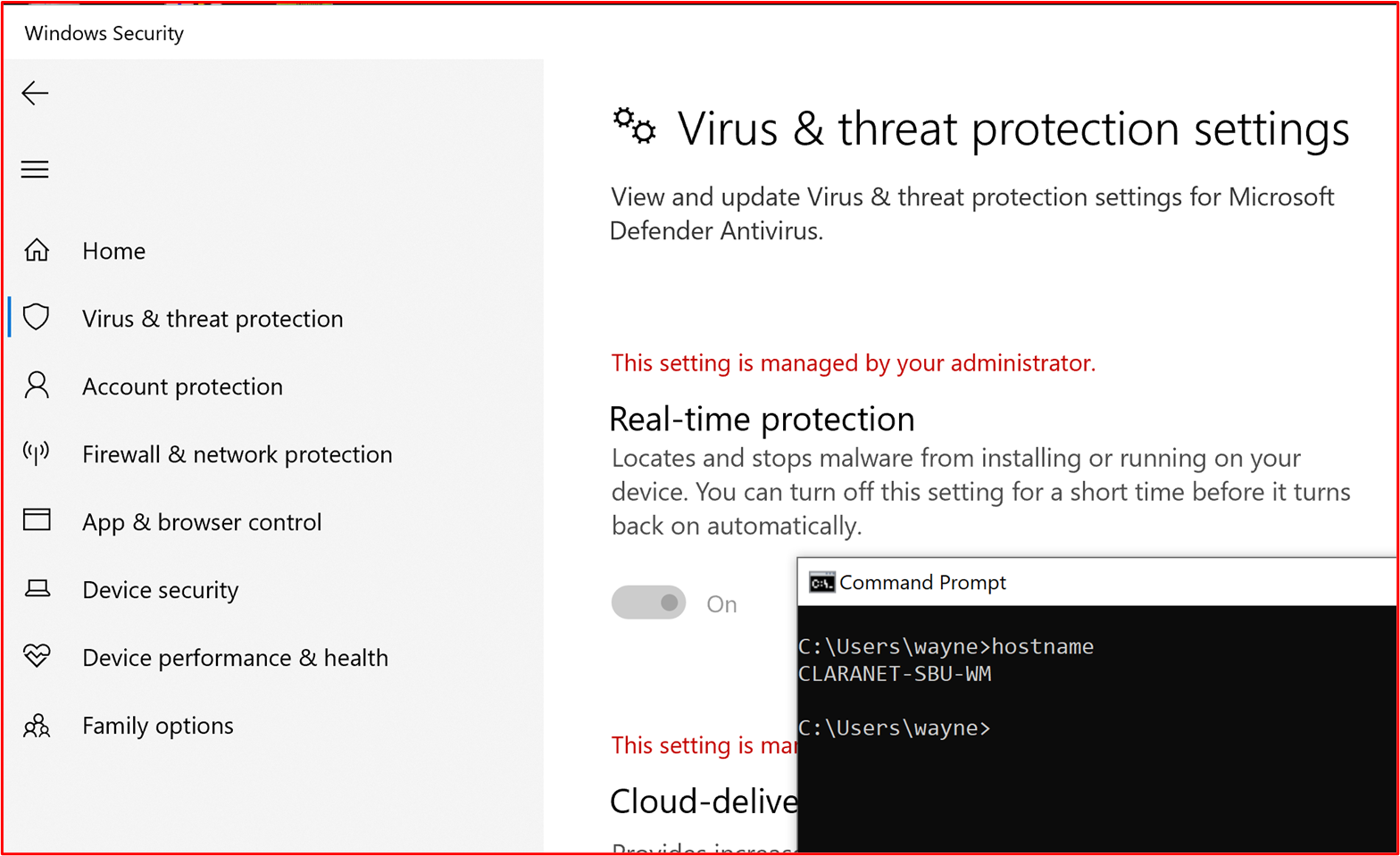 Capture d’écran montrant que l’hôte « CLARANET-SBU-WM » est configuré avec la protection en temps réel activée pour l’Antivirus Microsoft Defender.