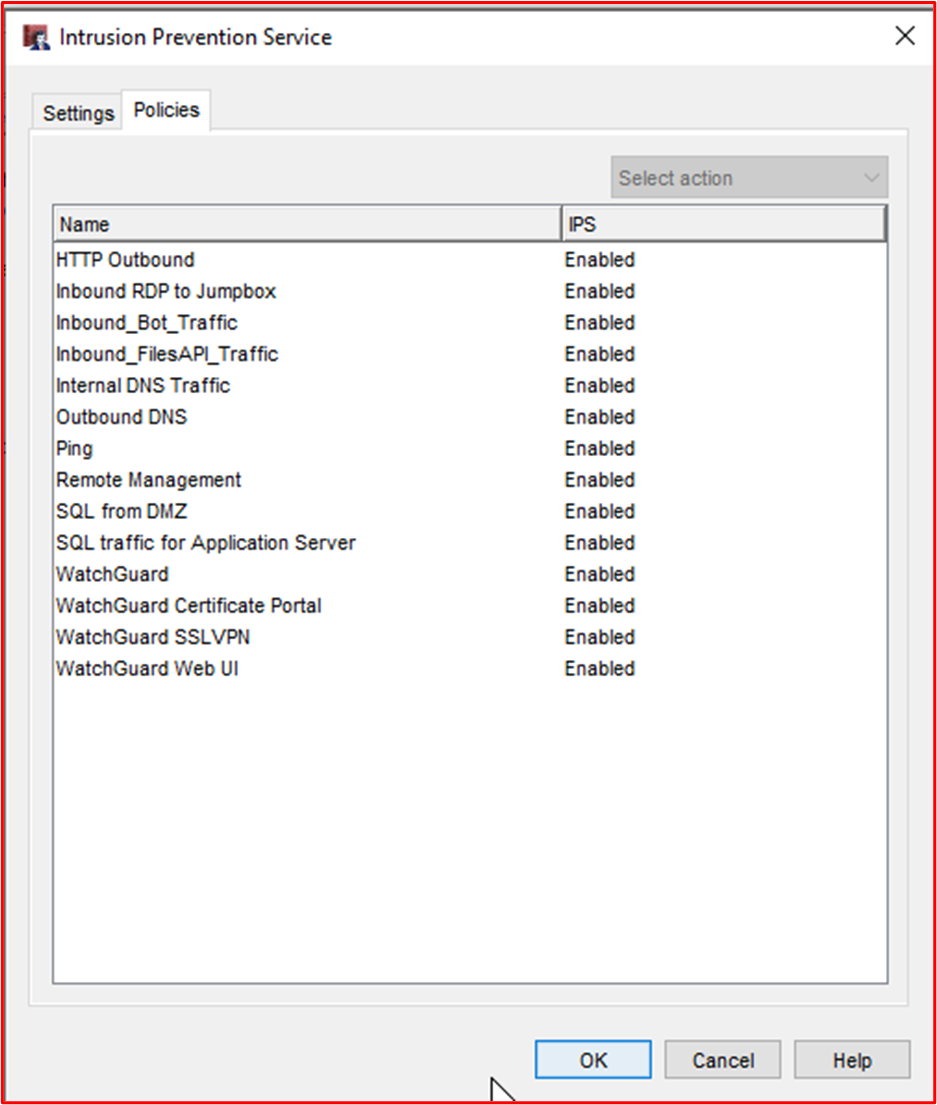 IDPS est configuré sur toutes les règles du pare-feu WatchGuard.