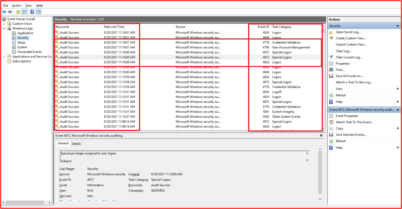 La capture d’écran suivante montre les informations des événements de sécurité dans l’Observateur d’événements Windows à partir du composant système « SEGSVR02 » dans l’étendue.