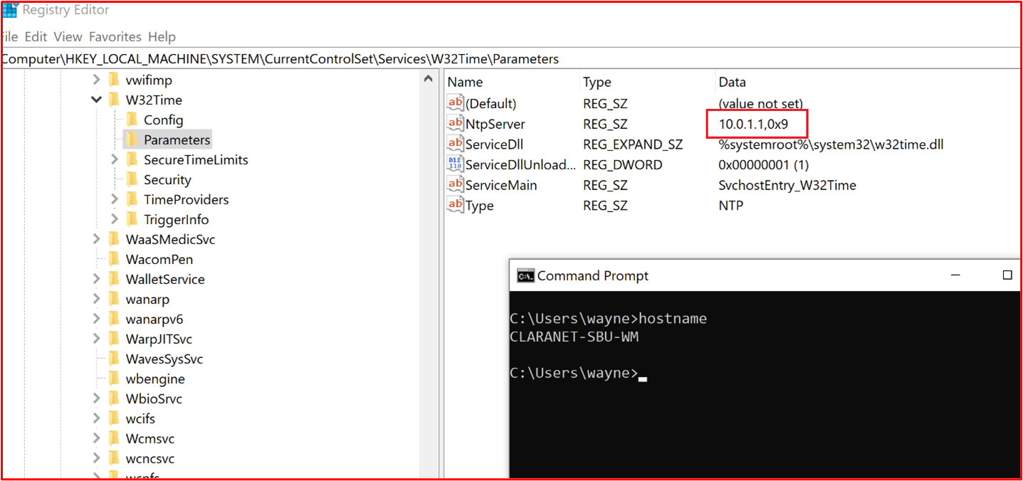 Capture d’écran montrant le composant système dans l’étendue, « CLARANET-SBU-WM » est configuré pour que NTP pointe vers le serveur principal qui est le pare-feu WatchGuard (10.0.1.1).