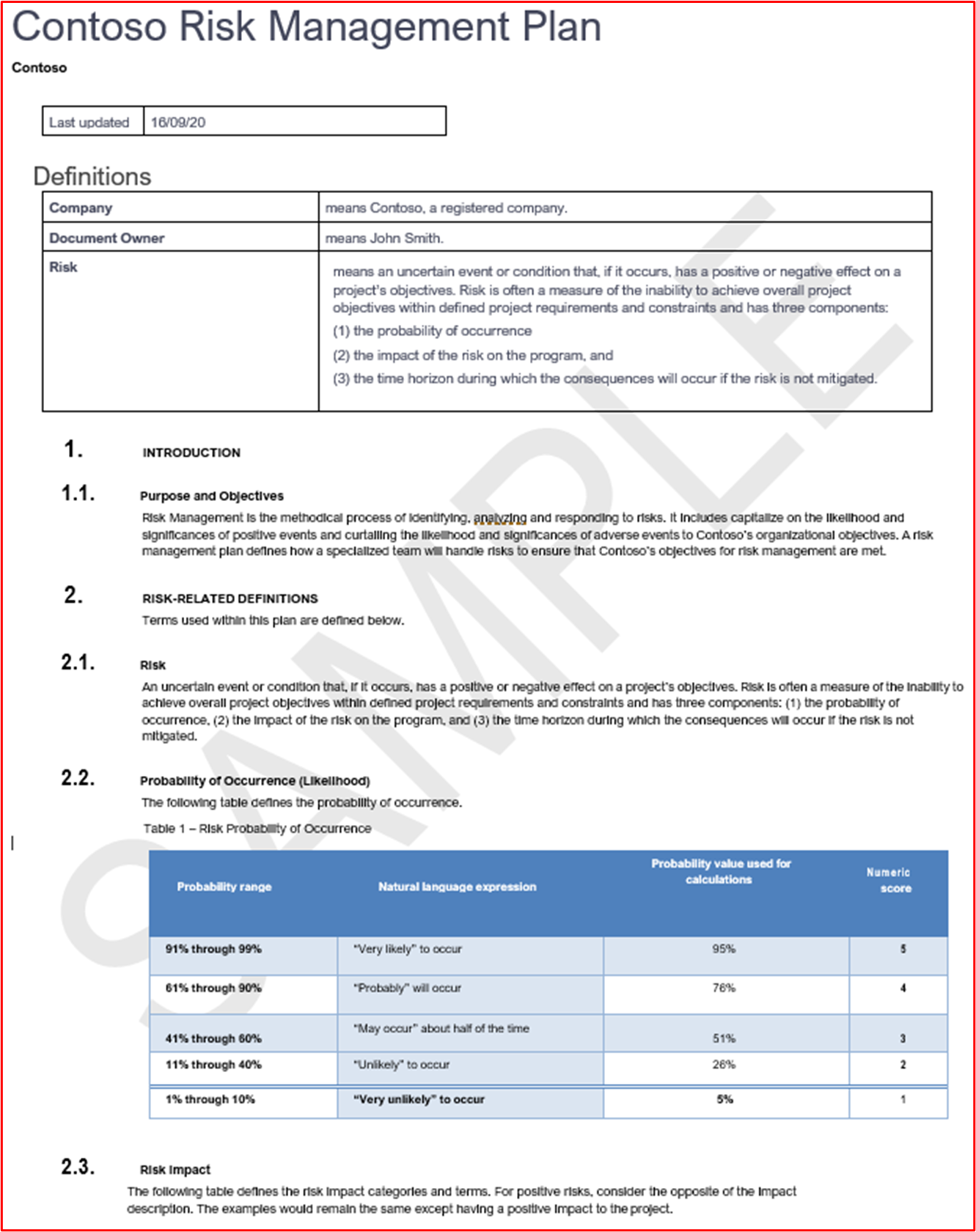 La preuve suivante est une capture d’écran d’une partie du processus d’évaluation des risques de Contoso.